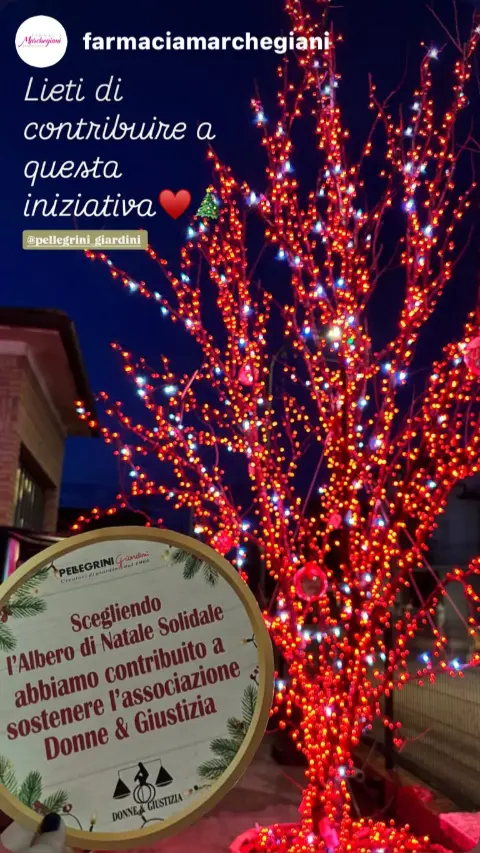 Albero Solidale rosso illuminato davanti alla Farmacia Marchegiani, con il medaglione Donne e Giustizia